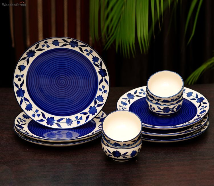 Dinnerware Set Price Blue and White Floral Ceramic Dinner Plate Set with Katoris - Set of 12 Piece