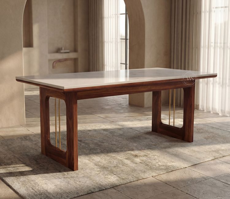 Mishaan Designer 6 Seater Sheesham Wood Dining Table with Quartz Top with Brass Accent (Teak Finish)