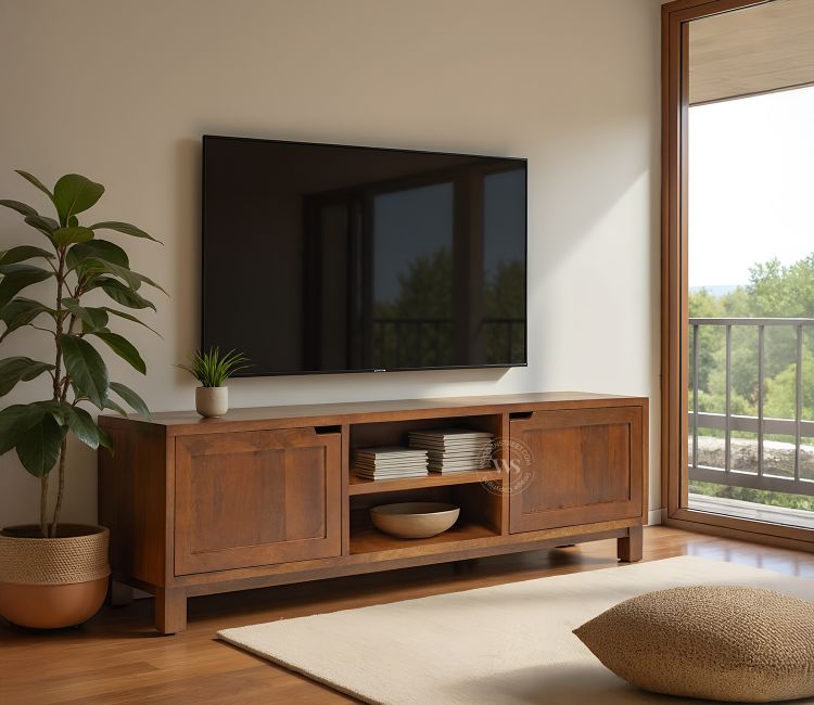 Vertex Mango Wood TV Unit with Inbuilt Cutout Handle Cabinets (Teak Finish)
