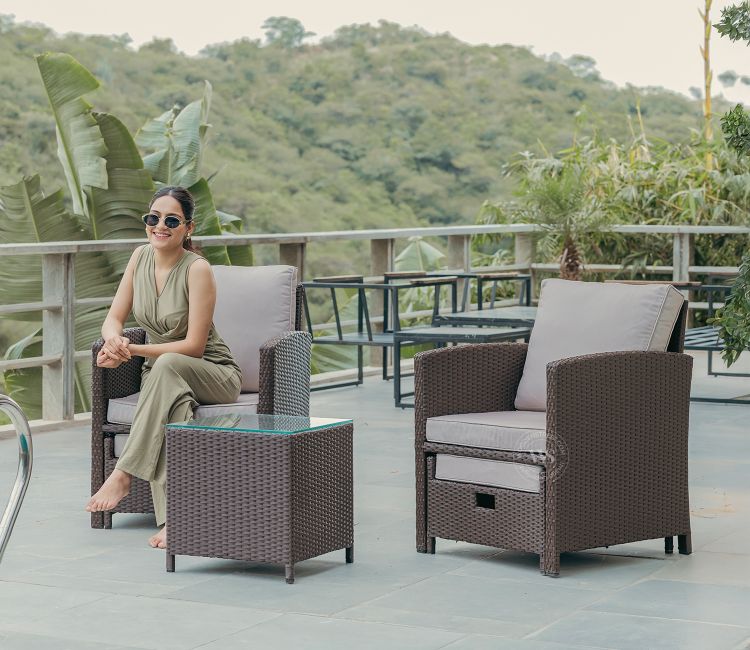 Vivica Premium Wicker 2 Seater Outdoor Set with Coffee Table and Ottomans (Beige)