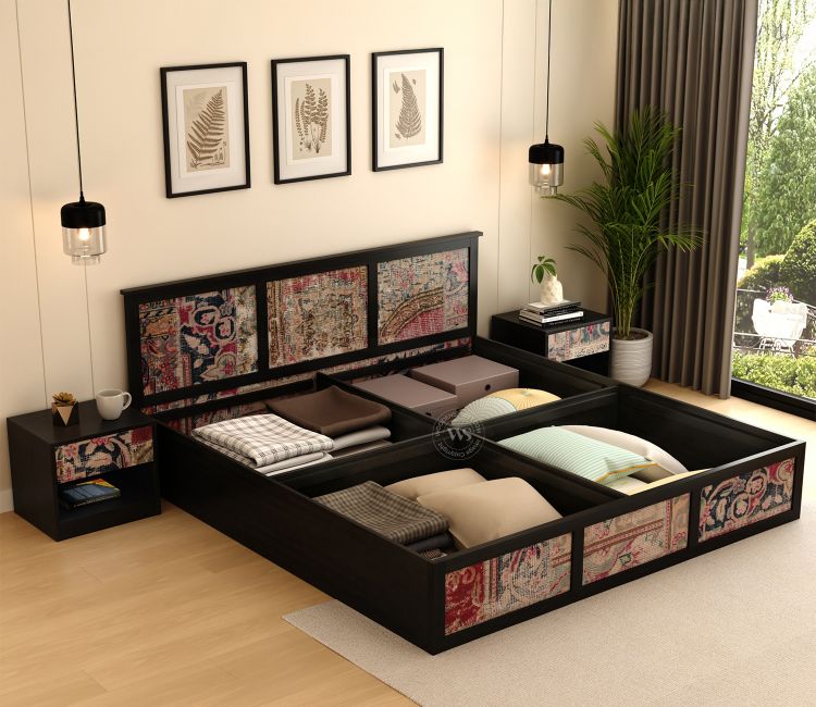 Orren Engineered Wood Bed with Laminated Textured Headboard &amp; Footboard with Box Storage (King Size, Patchwork Multi)