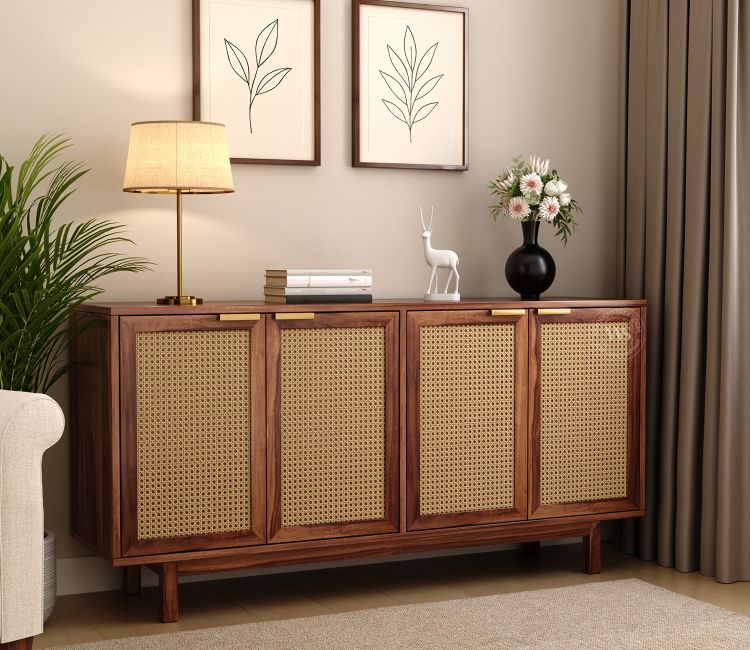 Rivena Solid Wood Cane Cabinet with Storage (Honey Finish)
