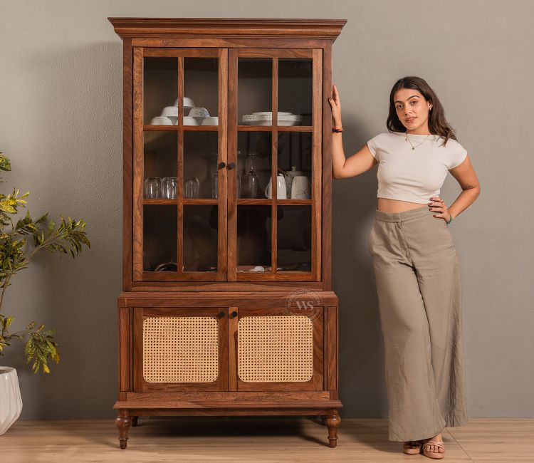 Taksha Sheesham Wood Kitchen Cabinet with Glass Doors &amp; Cane Accent (Teak Finish)