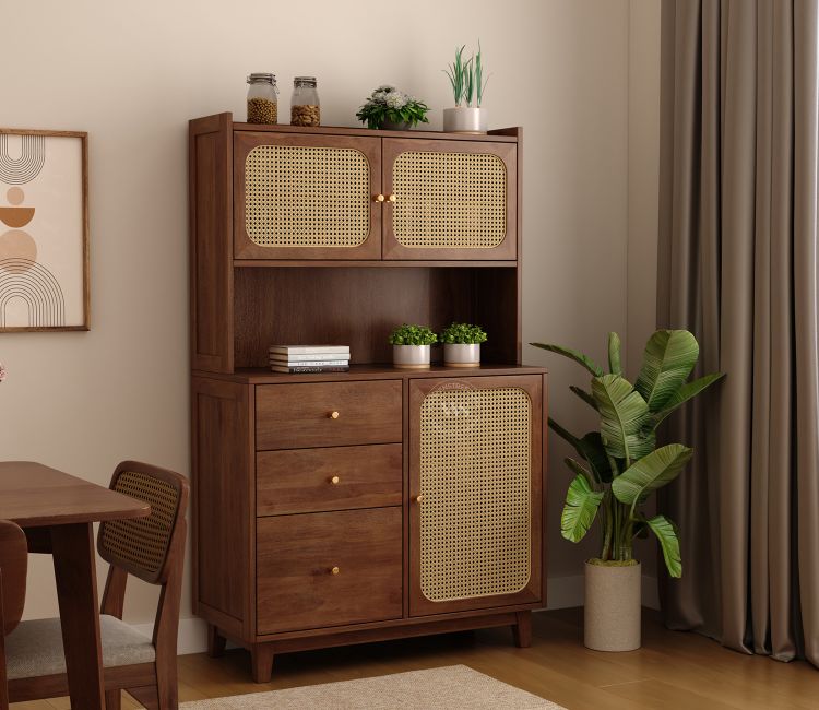 Divit Mango Wood Kitchen Cabinet with Cane Detailing &amp; Brass Knobs (Teak Finish)