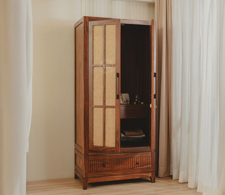 Saanvi Sheesham Wood Wardrobe for clothes with Cane Detailing in Teak Finish