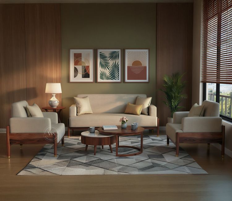 Kairav Modern 3+1+1 Wooden Sofa Set with Premium Upholstery (Cottage Ivory)