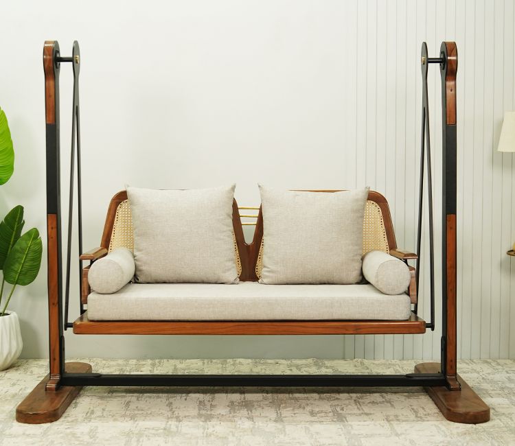 Shashwat 2 Seater Sheesham Wood Cane Swing Chair (Sand Grey) by woodenstreet