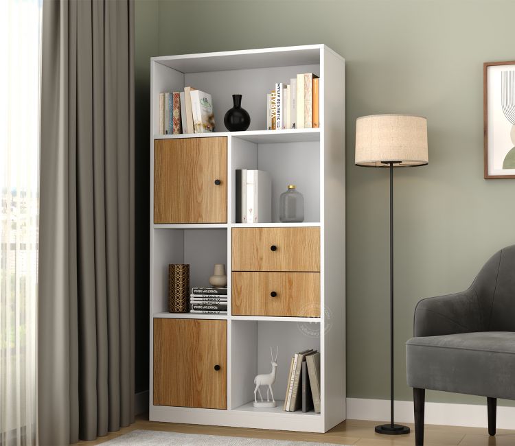 Sheldon Modern Bookshelf with Open &amp; Closed Storage, Textured Fronts (Engineered Wood, Santana Pattern)