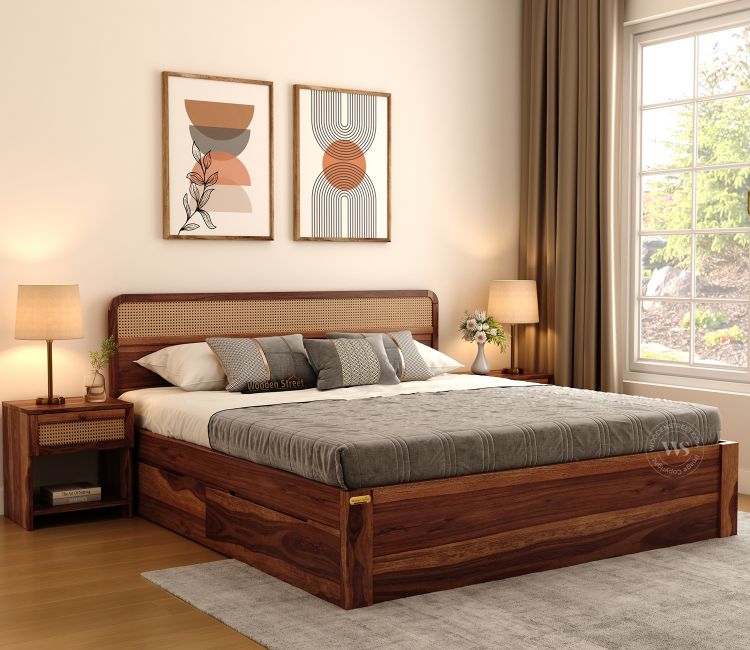 Balikos Sheesham Wood Bed with 4 Drawer Storage and Cane Detailing (King Size, Teak Finish)