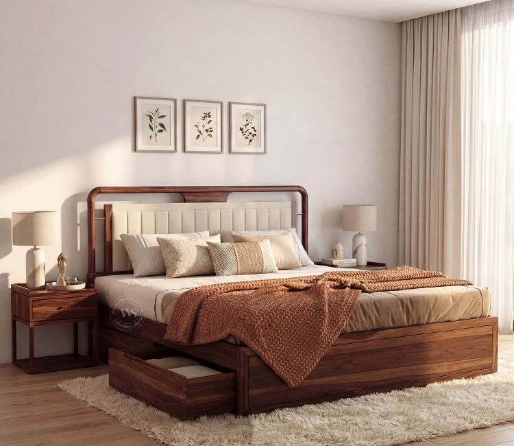 Anvay Sheesham Wood Bed with Upholstered Headboard &amp; Drawer Storage (Queen Size, Jade Ivory, Teak Finish)