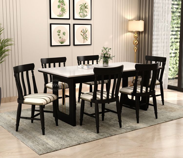 Kanak Designer 6 Seater Mango Wood Dining Table Set with Quartz Top &amp; Brass Accents (Black Finish)
