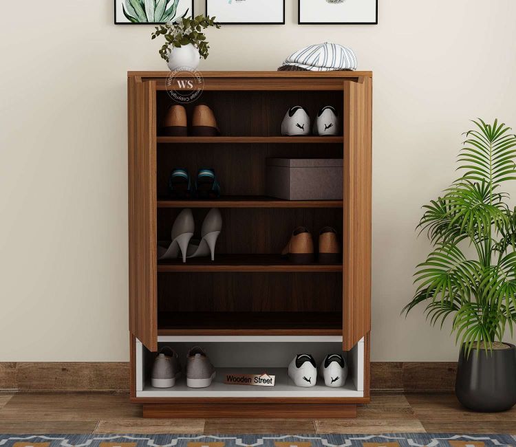 Engineered Wood Shoe Cabinet with Frosty White Drawer in Teak finish With door online