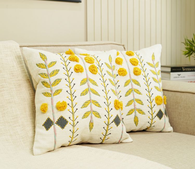 Embroidered Cotton Cushion Covers Set of 2 (Yellow,18 x 18 inch)