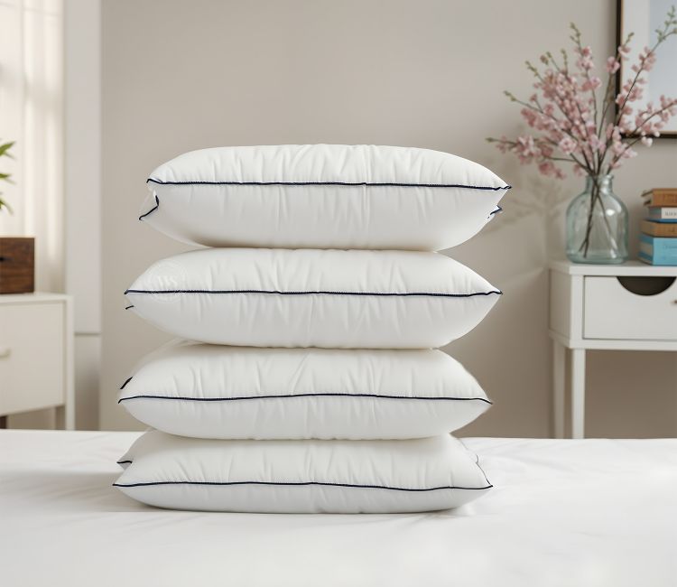 Solfluff Fiber Sleeping Pillow | Medium Soft | Micro-Peach Fabric | Luxurious Feel With Contrast Piping | Long Lasting Fluffiness (White, Set of 4)