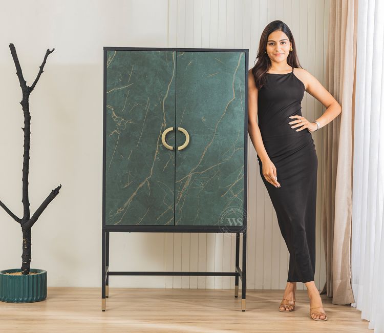 Orvion Modern Bar Cabinet with Textured Premium HDMMR Front (Marble Green)