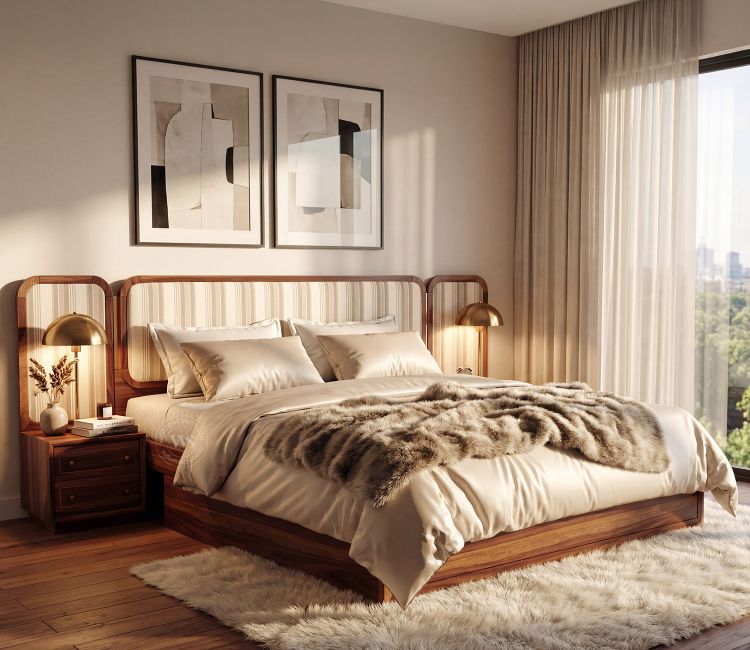 Iransh Premium Sheesham Wood Bed with Striped Headboard, Drawer Storage &amp; 2 Modular Bedside Tables (King Size, Cream Stripe)