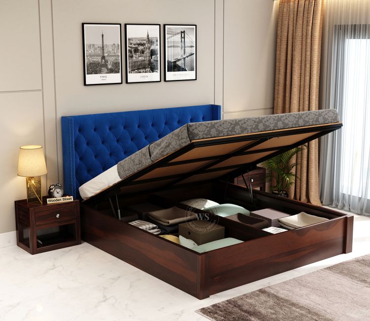 King Bed Design - Drewno Upholstered Bed With Hydraulic Storage | Buy Wooden Double Beds Online At Best Prices