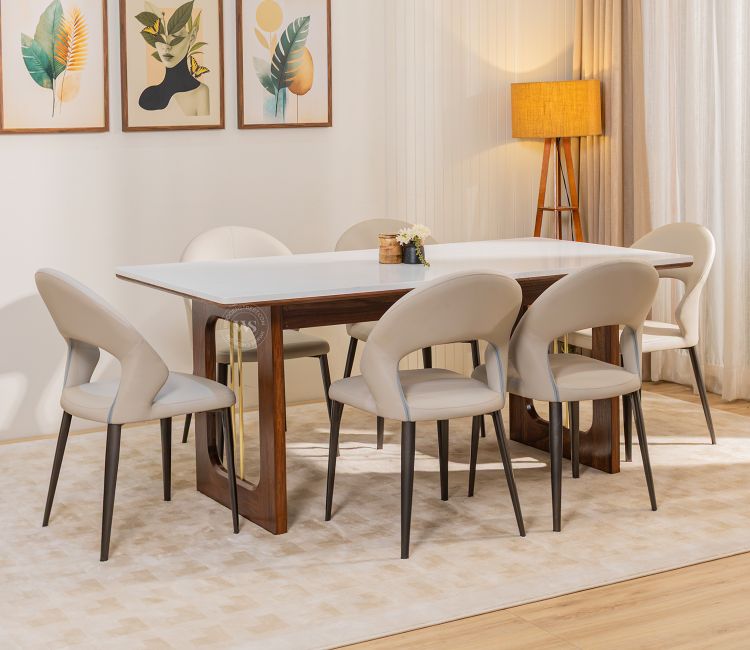 Mishaan-Koby 6 Seater Sheesham Wood Dining Table Set with Quartz Top (Teak Finish)