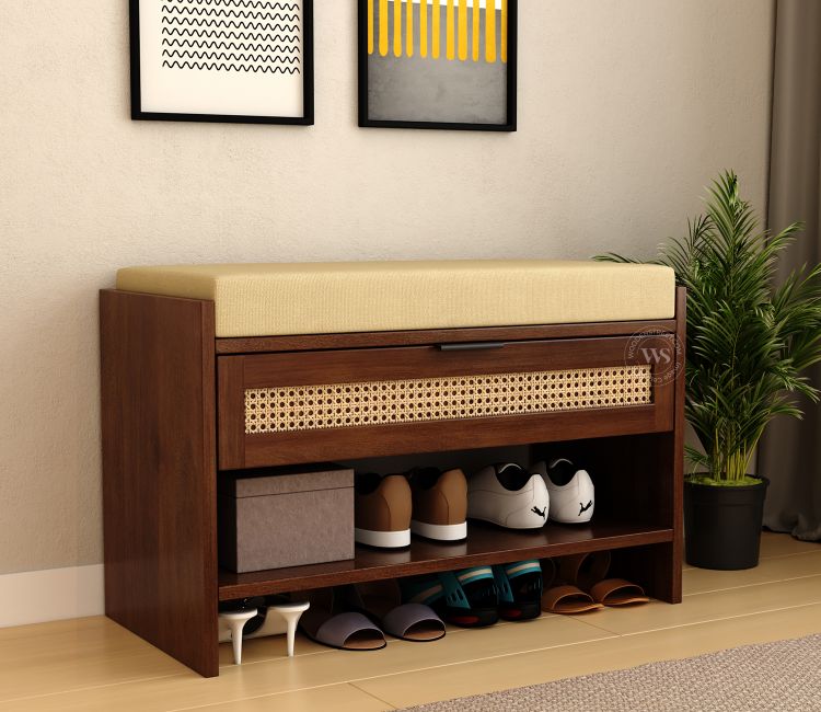 Russet Premium Solid Wood Shoe Rack With Removable Cushioned Seat, Drawer Storage &amp; Cane Detailing (Mango Wood, Teak Finish)