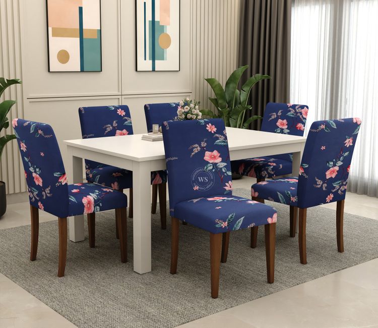 Stretch Dining Chair Covers Flaubert Floral Printed Polyester Spandex 6 Piece Chair Cover (Blue)