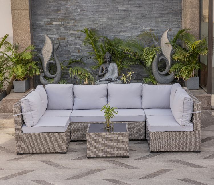 Verra Wicker Modular 6 Seater Outdoor Set With Coffee Table (Light Grey, Golden White)