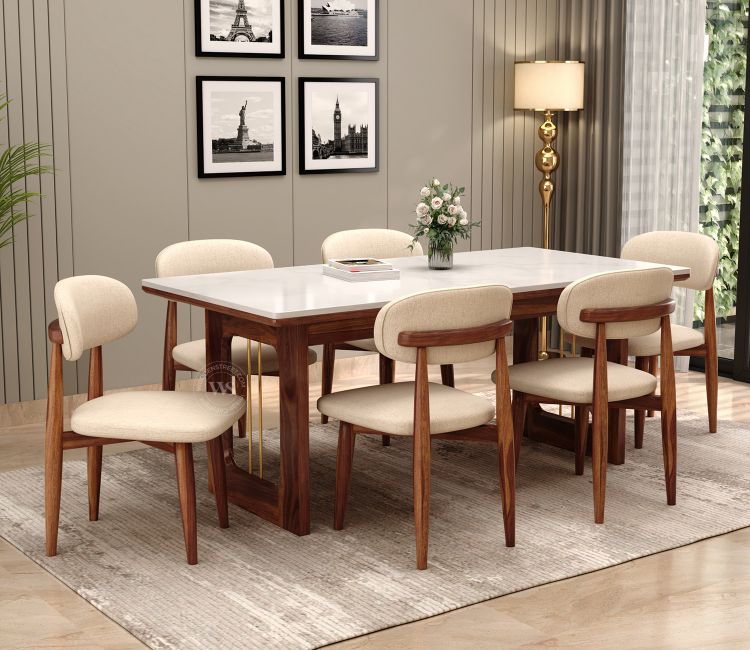 6 Seater Sheesham Wood Dining Table Set with Quartz Top