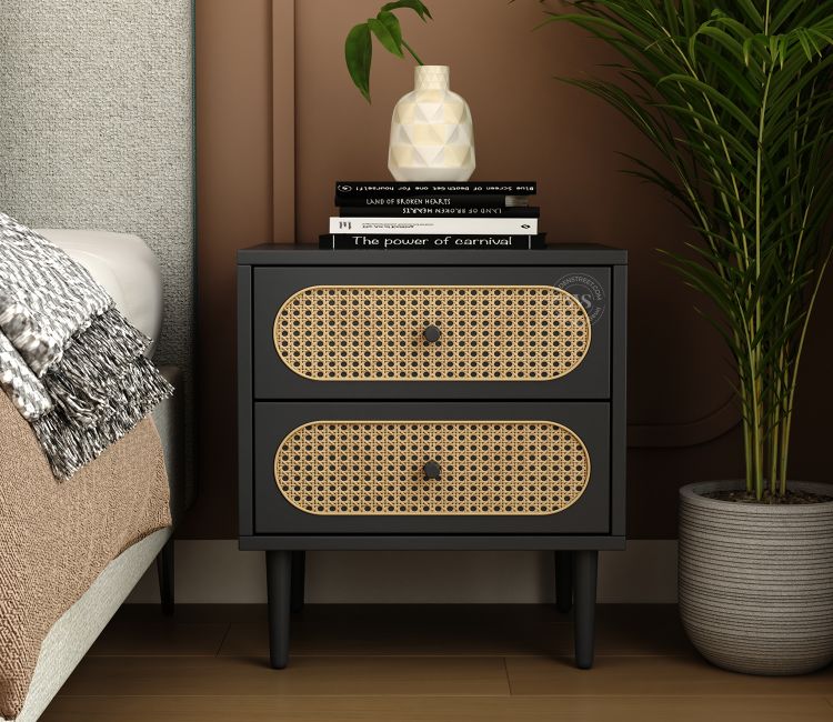 Andreas Premium Mango Wood Bedside Table with Cane Drawers (Black Finish)