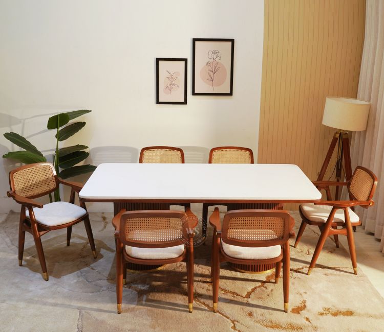 Buy Antara 6 Seater Dining Table Set with Marble Top In Teak Finish