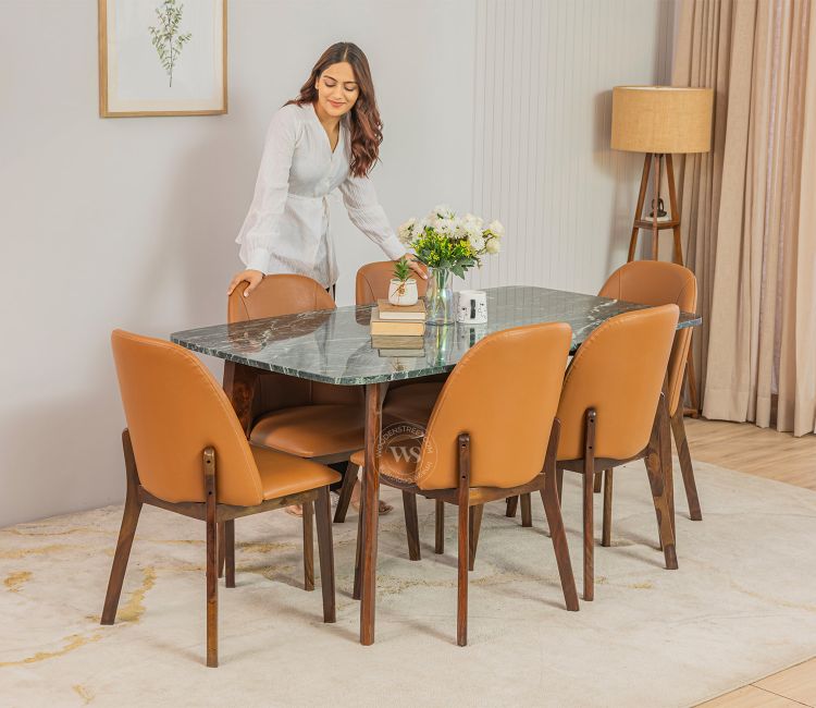 Fressia Sheesham wood Six Seater Marble Top Dining Table (Green)
