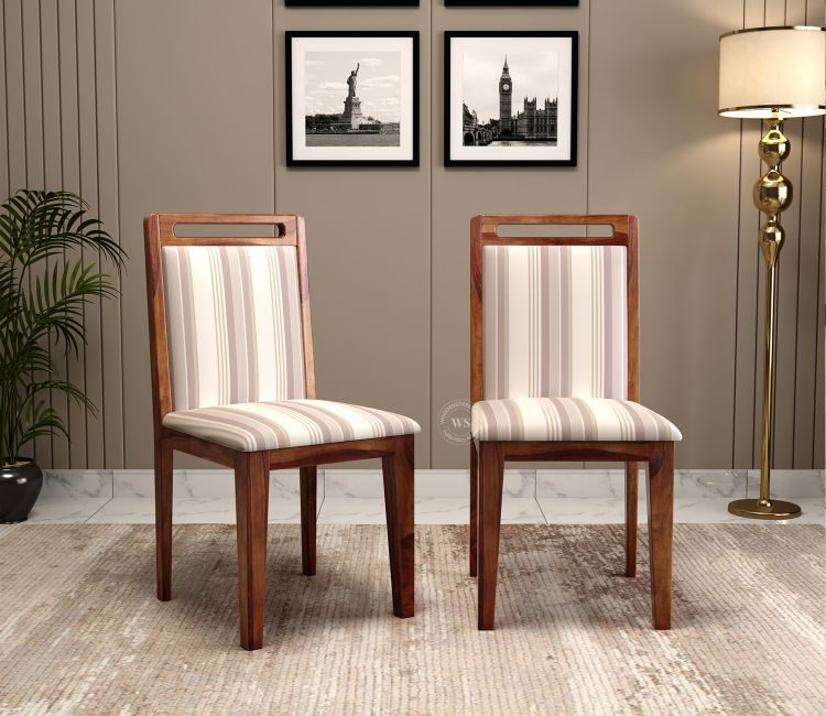 Hazel Sheesham Wood Premium Cotton Cushioned Dining Chair - Set of 2 (Cotton, Honey Cream Stripe)