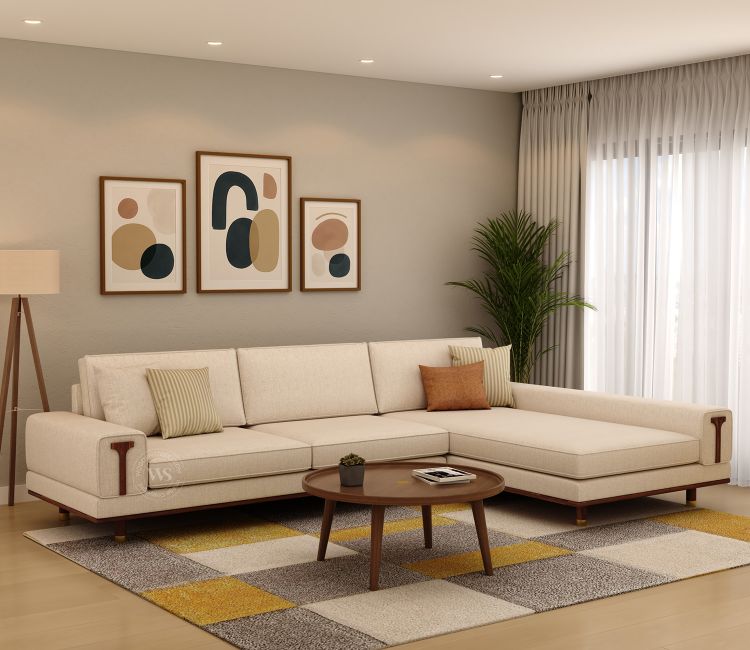 Nivas L-Shaped Sofa with Wooden Accents (Jade Ivory)