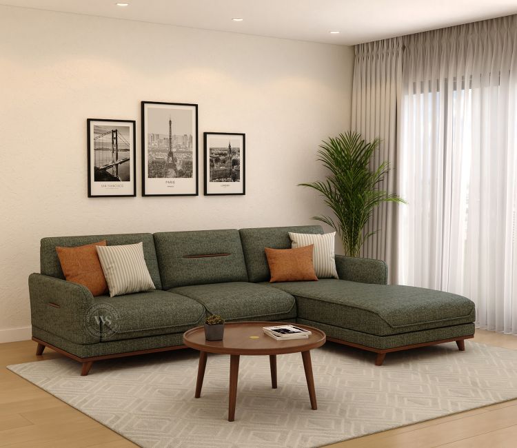 Alvaro L Shape 4 Seater Sofa with Wooden Accents (Sage Green)