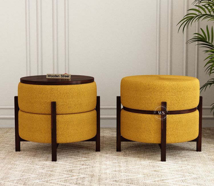 Samantha Reversible Stool Cum End Table in Boucle Yellow for Living Room