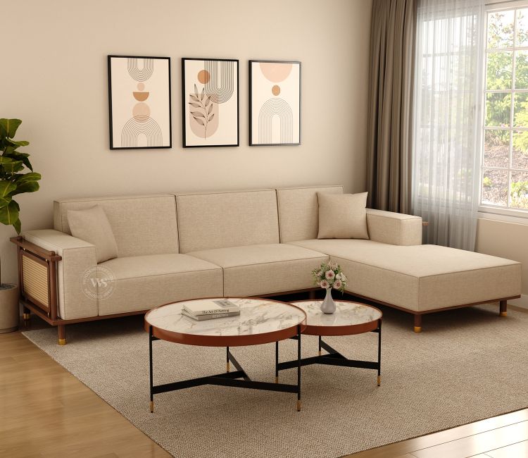 Saket Ash Wood L Shape Right Align Sofa with Cane And Brass Accents (Sand Beige)