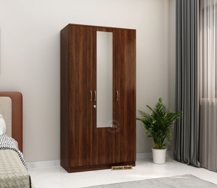 Kayden 3 Door Multi Utility Wardrobe With Hanging Rod &amp; Mirror (Columbian Walnut Finish)
