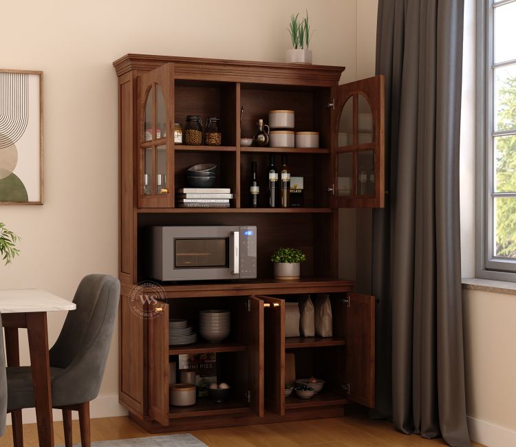 Nivrit Mango Wood Arch Glass Kitchen Cabinet (Teak Finish)