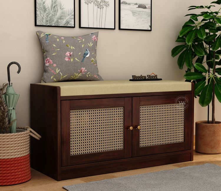 Bockle Premium Solid Wood Shoe Rack With Cane Work &amp; Cushioned Seating (Mango Wood, Teak Finish)