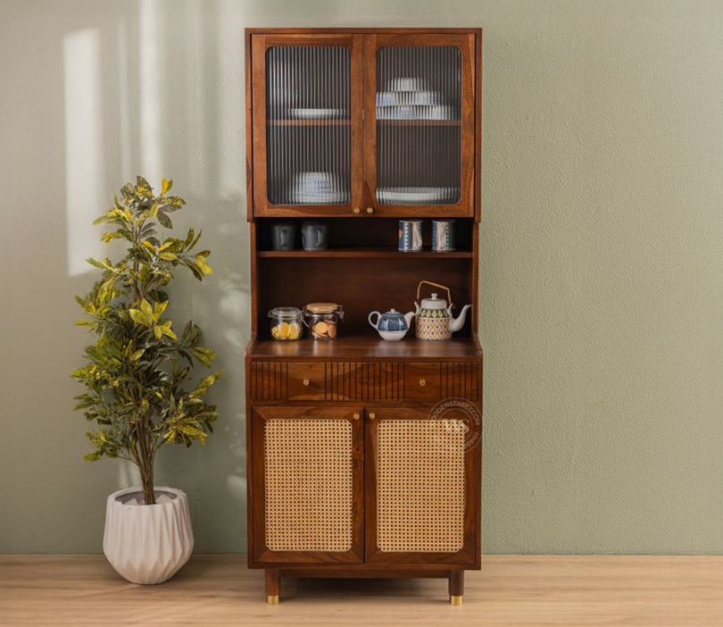 Sanchay Classic Kitchen Cabinet with Fluted Glass, Cane Weave & Brass Knobs (Teak Finish)