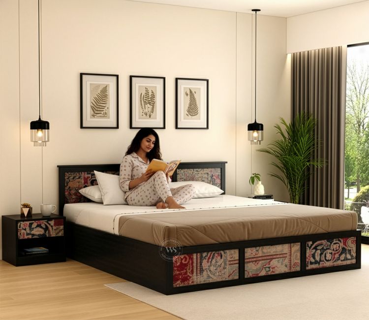 Orren Engineered Wood Bed with Laminated Textured Headboard &amp; Footboard with Box Storage (King Size, Patchwork Multi)