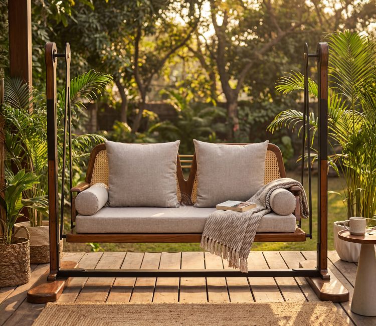 Shashwat Wooden Cane Swing Chair with stand for Living Room