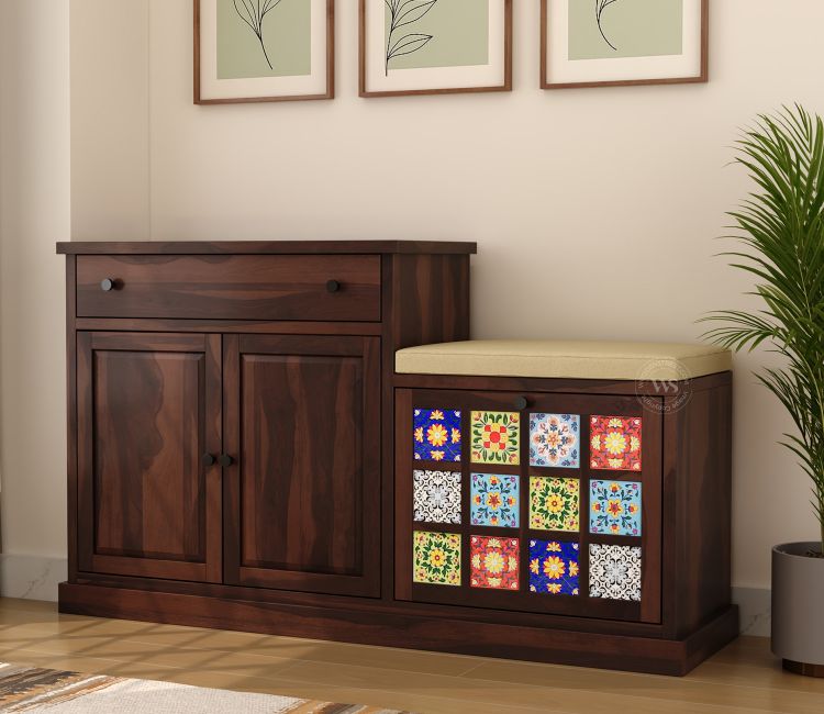 Shoe Rack Design Boho Modern Wooden Shoe Rack With Seat in Walnut Finish