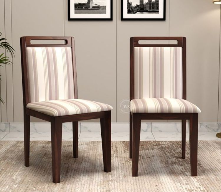 Hazel Sheesham Wood Premium Cotton Cushioned Dining Chair - Set of 2 (Cotton, Walnut Cream Stripe)