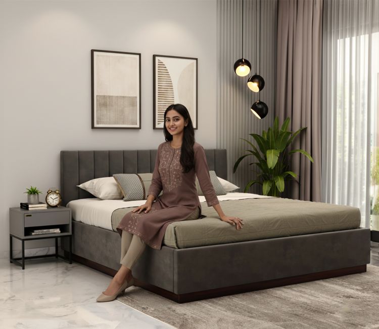 Nuvo Premium Upholstered Bed With Box Storage (Queen Size, Graphite Grey)