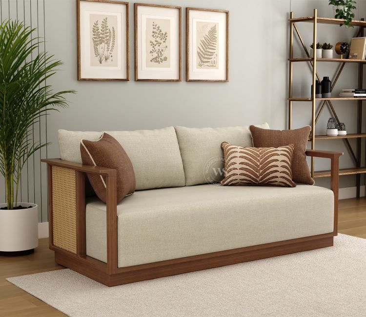 Varnik 3 Seater Ash Wood Sofa with Cane Accents (Teak Finish, Cottage Ivory)