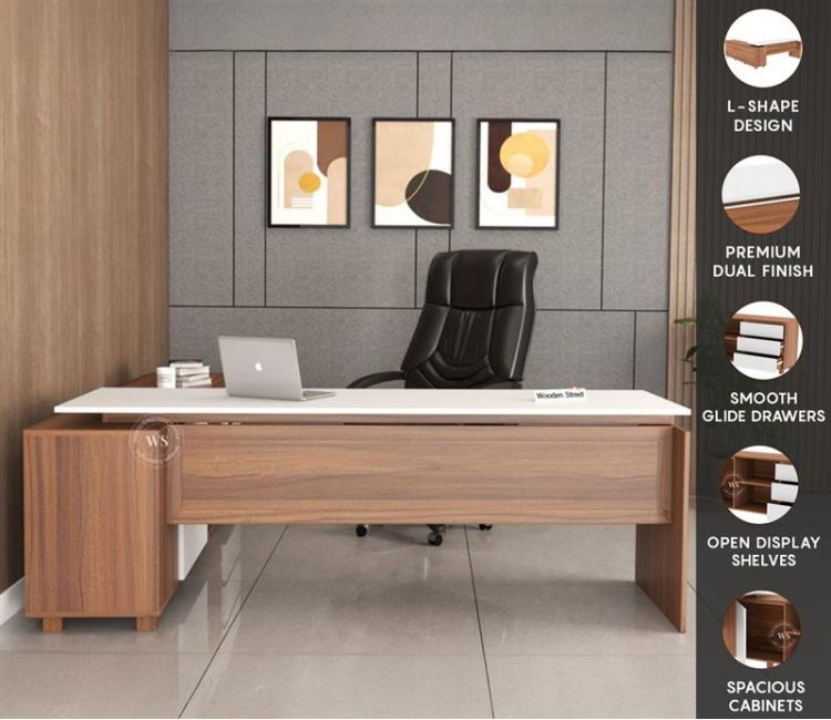 Nexora L shape Office Table with Drawers (Exotic Teak Frosty White)