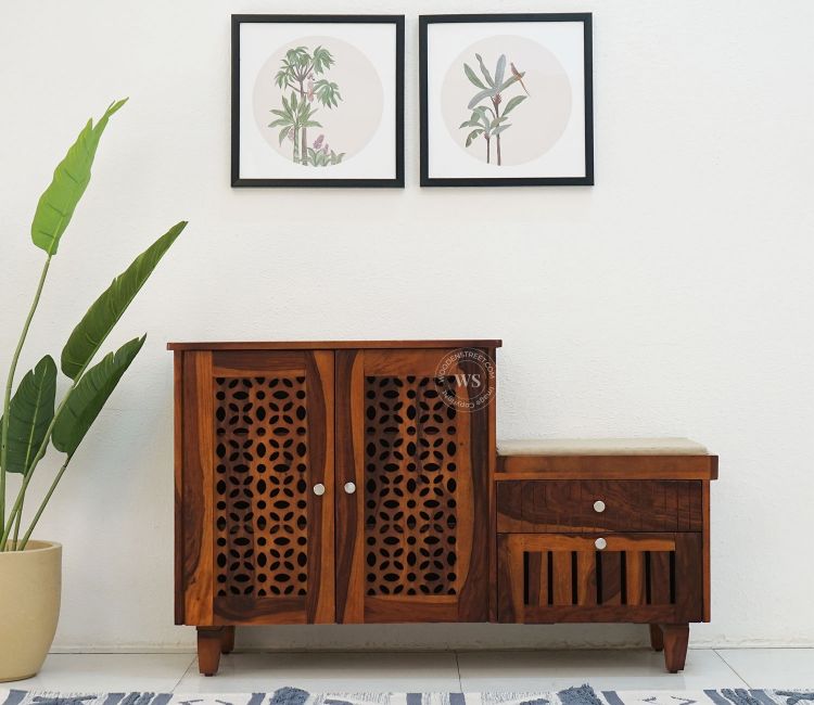 hopkin shoe rack with seat in honey finish | shop wooden shoe stand online