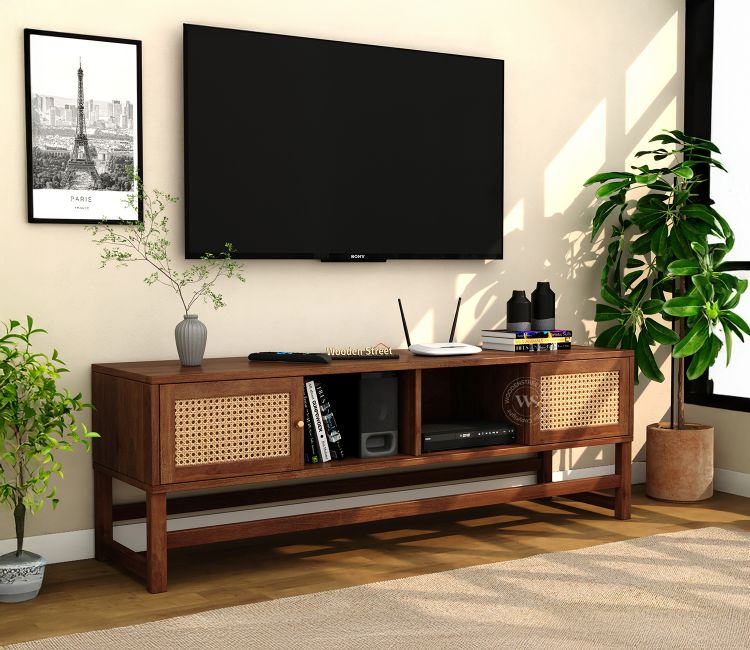 Imperio Premium Solid Wood TV Cabinets Design With Cane Door &amp; Open Shelves