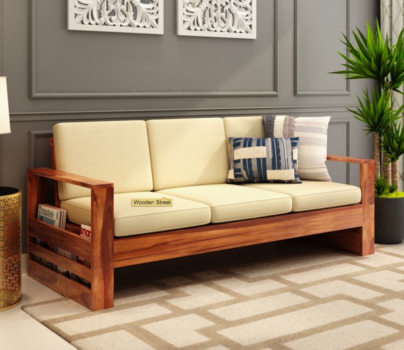 Winster 3 Seater Wooden Sofa (Honey Finish, Irish Cream)