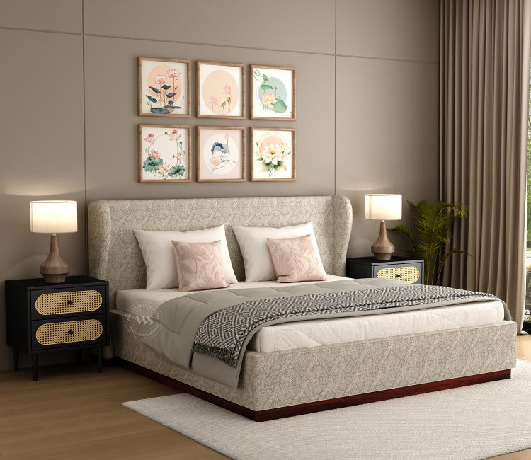 Adhiraj Luxurious Fabric Bed with Plush Wingback Headboard (Queen Size, Pavilion Trellis Stone)