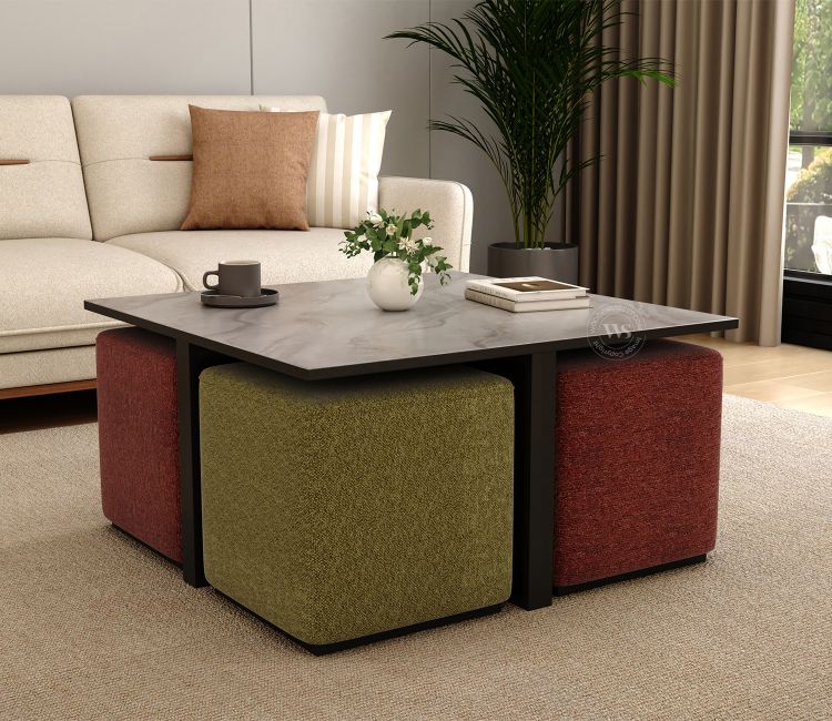 Evron Modern Coffee Table with Cushioned Stools (Marble Pattern, Green &amp; Orange Upholstery)
